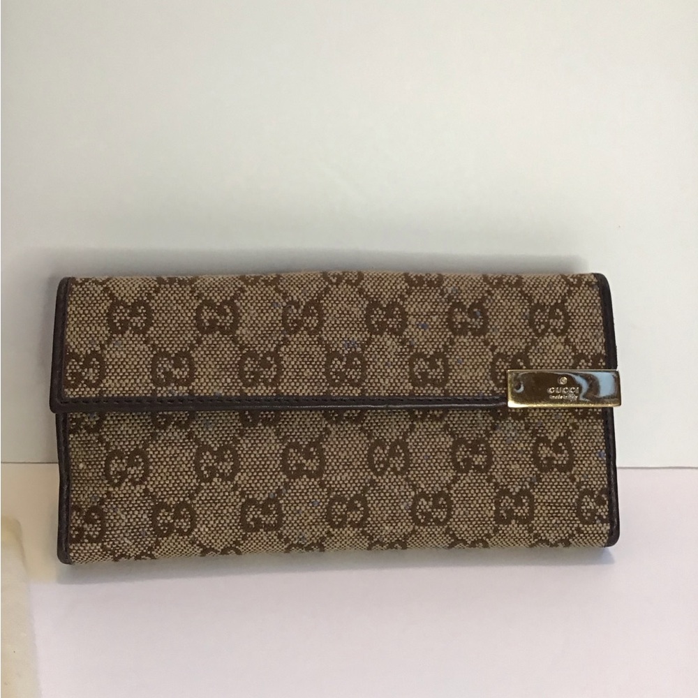 **SOLD**  Gucci Brown with blue Monogram tweed long wallet